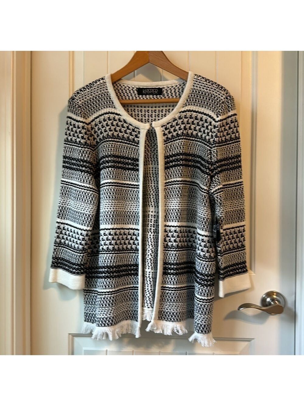 Kasper Women’s Open Front Cardigan Black/White Knitted pattern 3/4 sleeve Size L